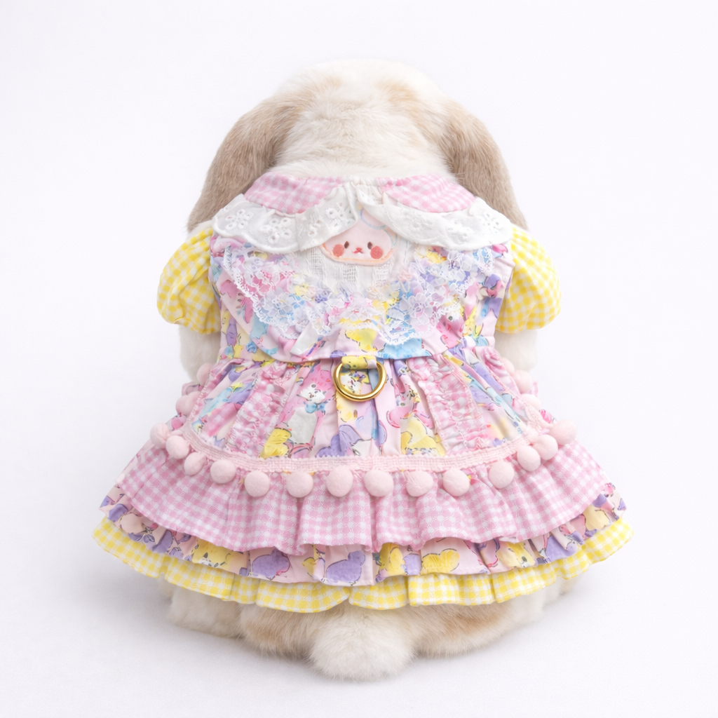 Kawaii Gingham Pet Bunny Dress & Matching Beaded Charm Bracelet Set – Pastel Lolita Style