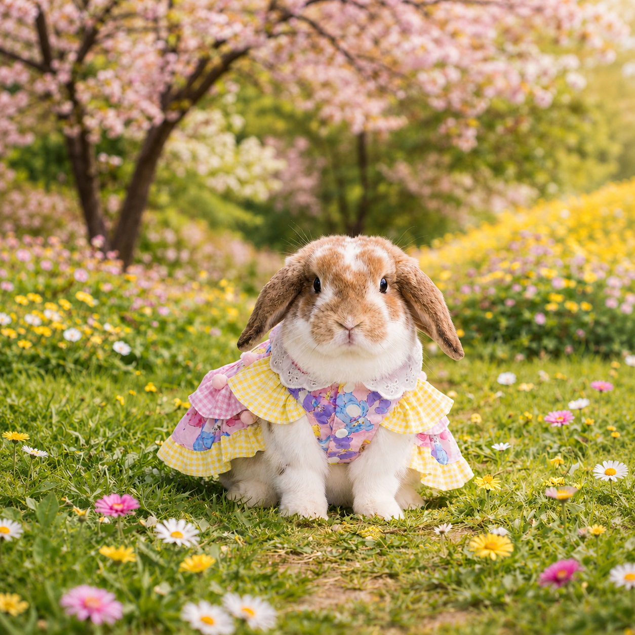 Kawaii Gingham Pet Bunny Dress & Matching Beaded Charm Bracelet Set – Pastel Lolita Style